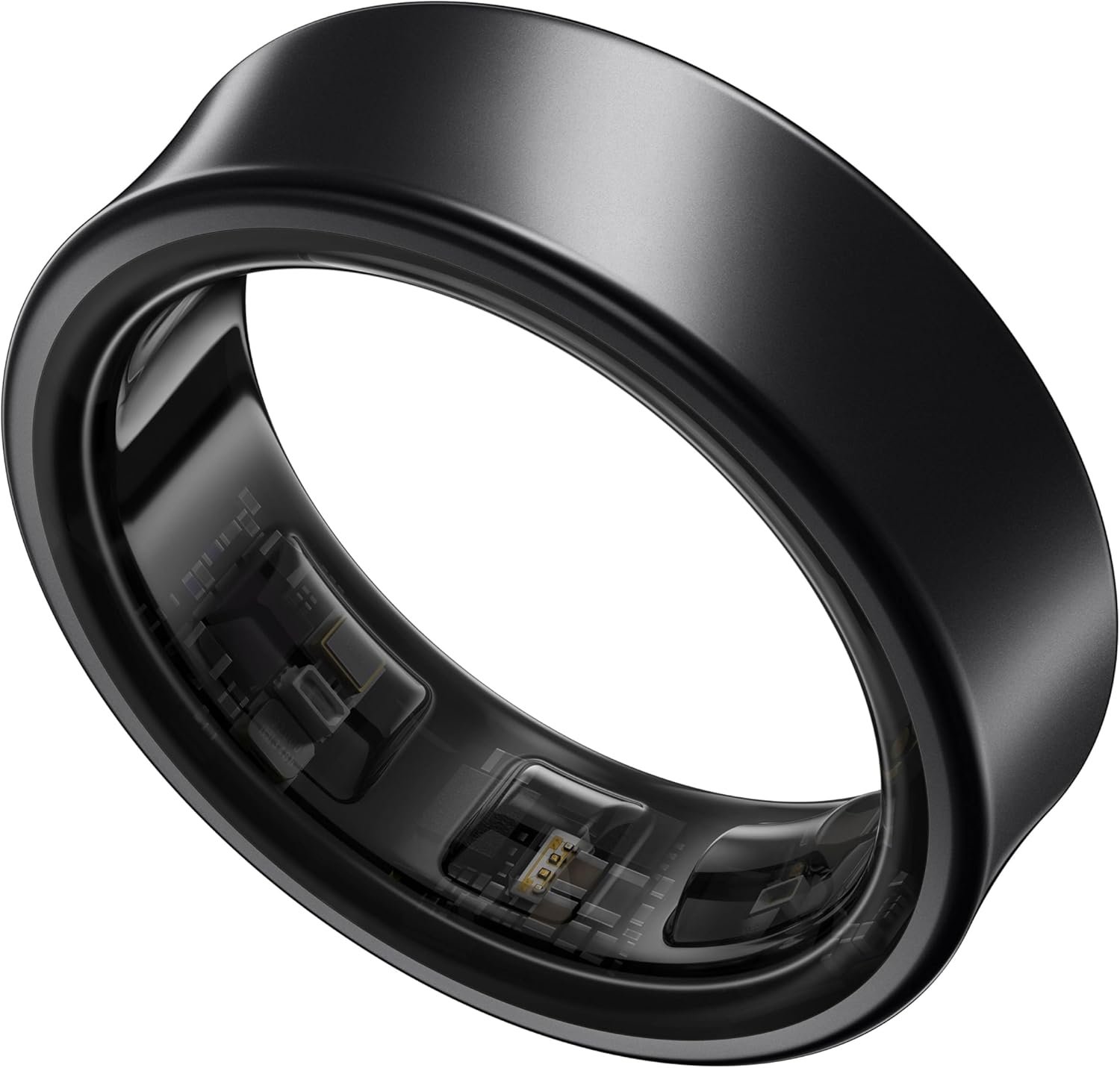 Samsung Galaxy Ring in matte gold with heart rate variability sensor and sleep tracking display.
